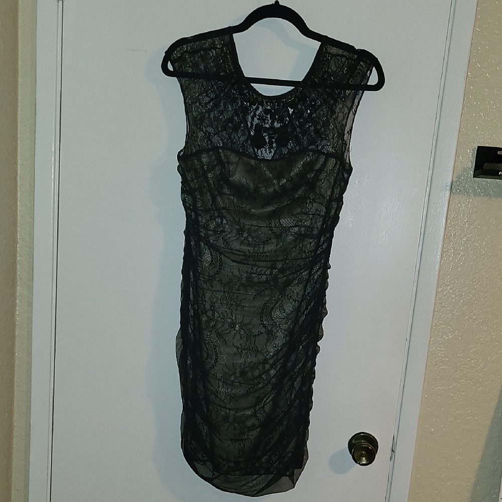 Bebe Black Ruched Lace Overlay Sheath Mini Dress